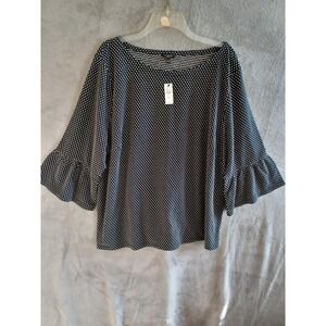 Talbots Top 3X Black White Swiss Polka Dot Ruffle 3/4 Sleeve Boat Neck‎ Stretch